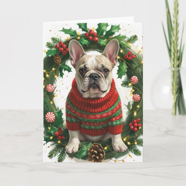 Carte French Buldog Christmas Wreath Holiday Art (Devant)