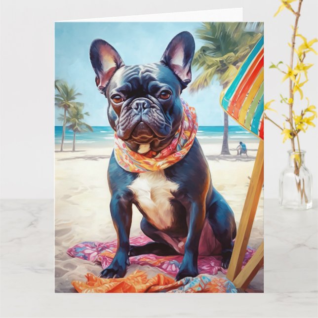 Carte French Bulldog sur la plage, cadeau d'été pour amo (Fleur jaune)