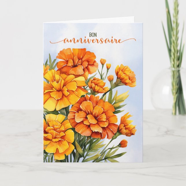 Carte French October Birthday Bon Anniversaire Marigolds (Devant)