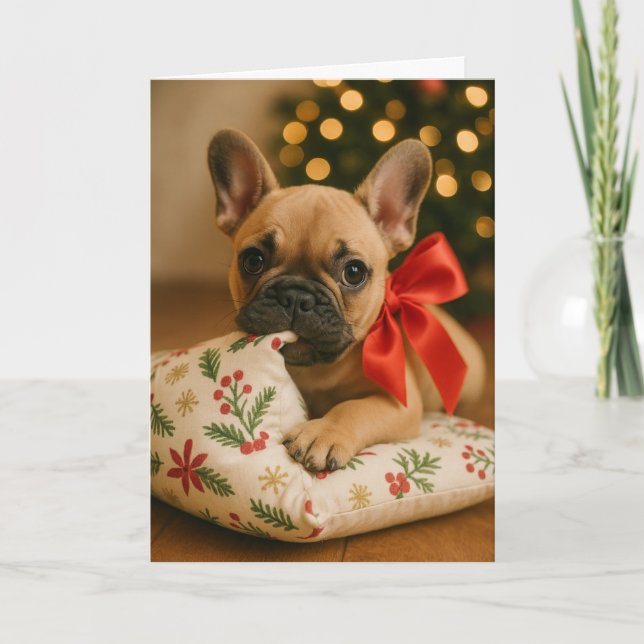 Carte Frenchie Christmas Card – Puppy on Pillow (Devant)
