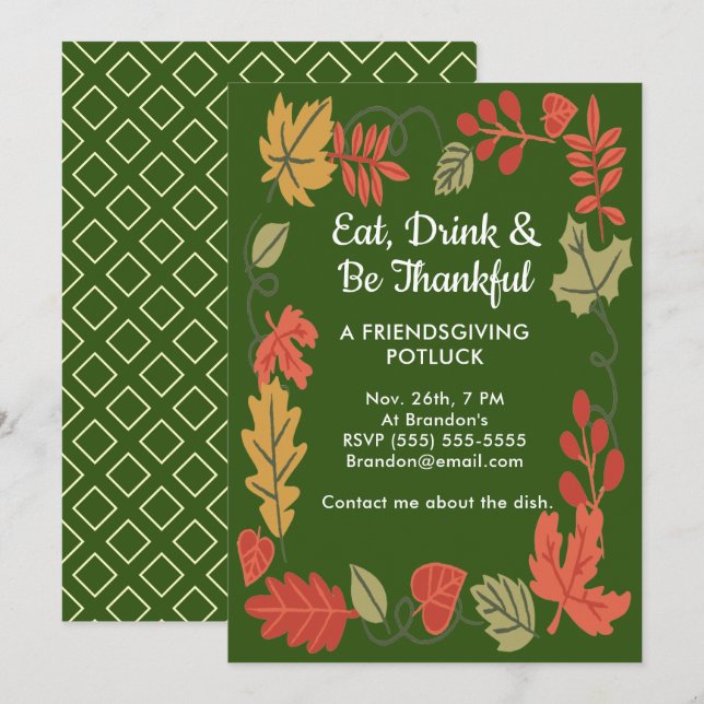 Carte Friendsgiving Potluck Green Thanksgiving Invitatio (Devant / Derrière)