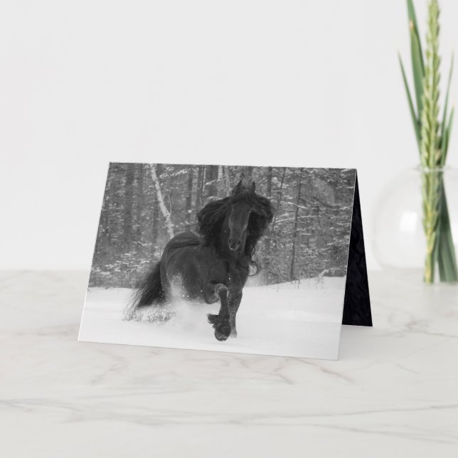 Carte Friesian Runs in the Snow Horse Greeting Card (Devant)
