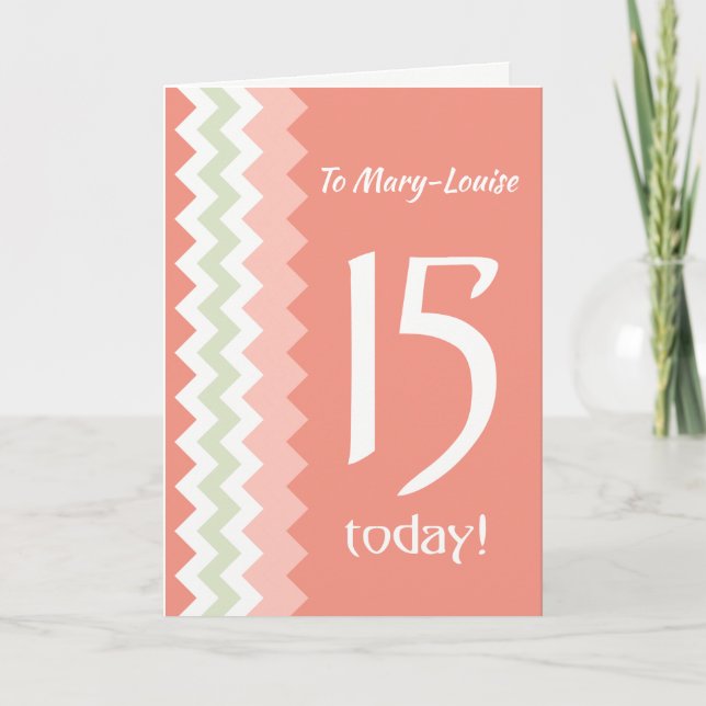 Carte Front personnalisé 15e anniversaire, Coral, Chevro (Devant)