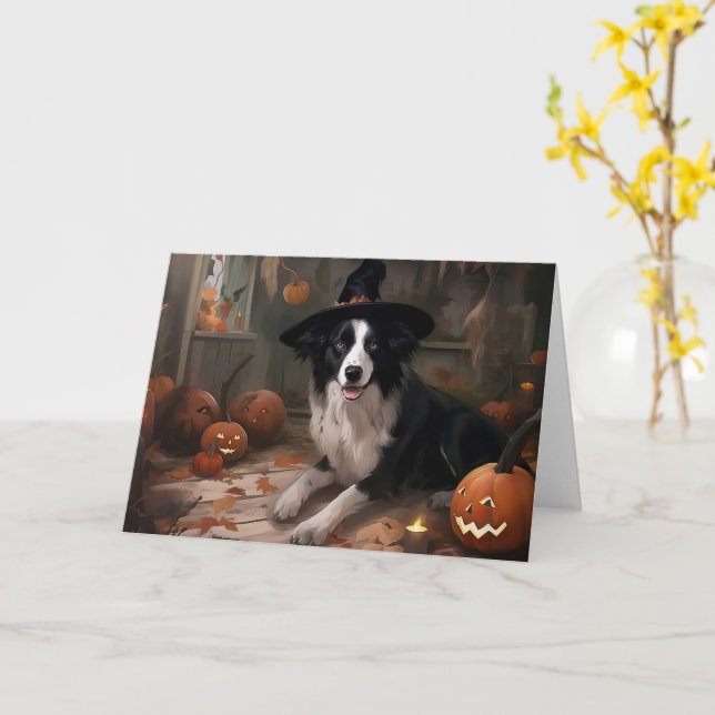 Carte Frontière Collie Citrouilles Halloween effroi (Fleur jaune)