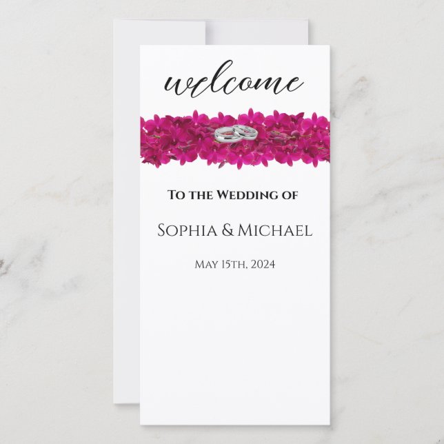 Carte Fuchsia Orchidées sur des anneaux de Mariage blanc (Devant)