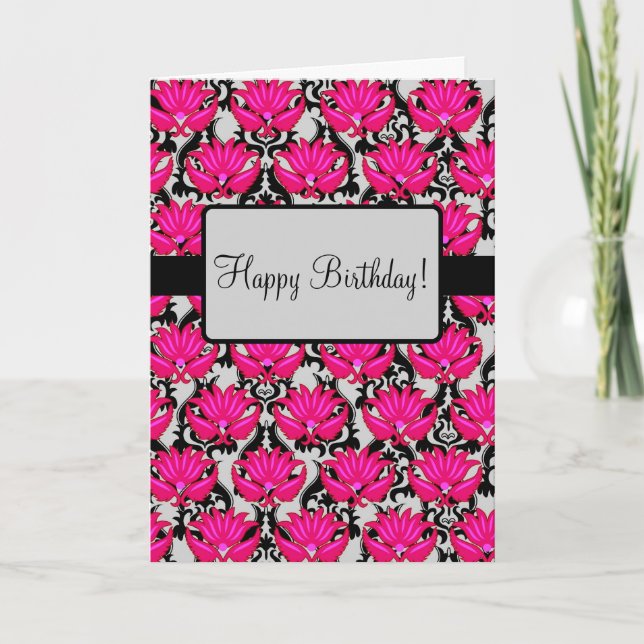 Carte Fuchsia rose Art Nouveau Damask Joyeux anniversair (Devant)