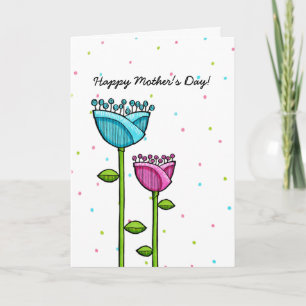 Carte Fun Doodle Flowers bleu rose points Fête des Mères