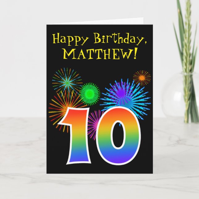 Carte Fun Fireworks + Rainbow Motif "10" Anniversaire # (Devant)