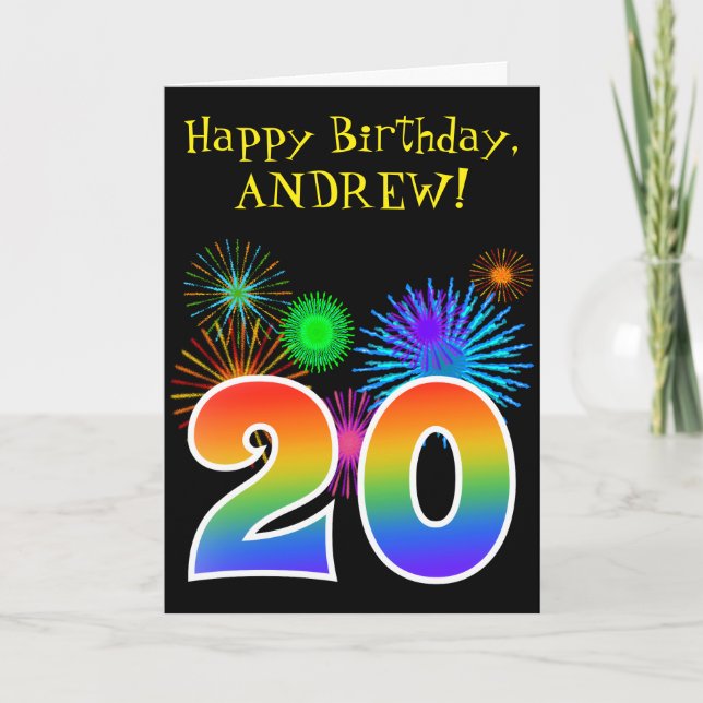 Carte Fun Fireworks + Rainbow Motif "20" Anniversaire # (Devant)