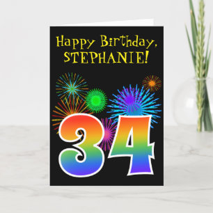 Carte Fun Fireworks + Rainbow Motif "34" Anniversaire #