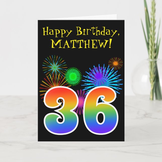 Carte Fun Fireworks + Rainbow Motif "36" Anniversaire # (Devant)