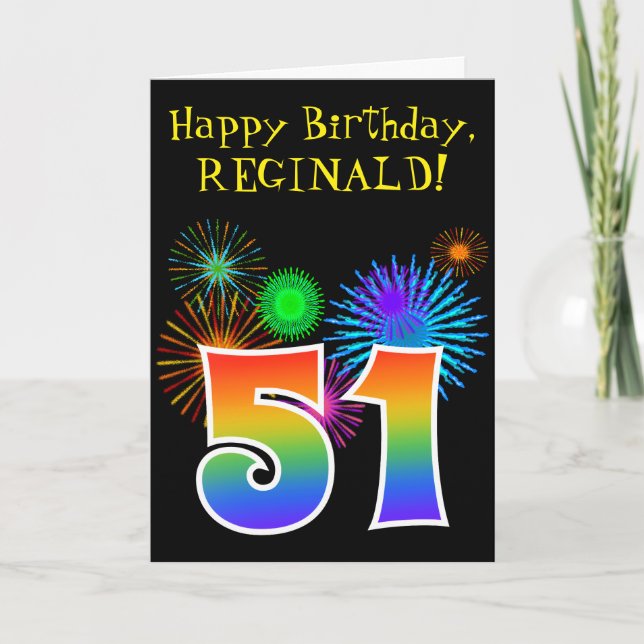 Carte Fun Fireworks + Rainbow Motif "51" Anniversaire # (Devant)