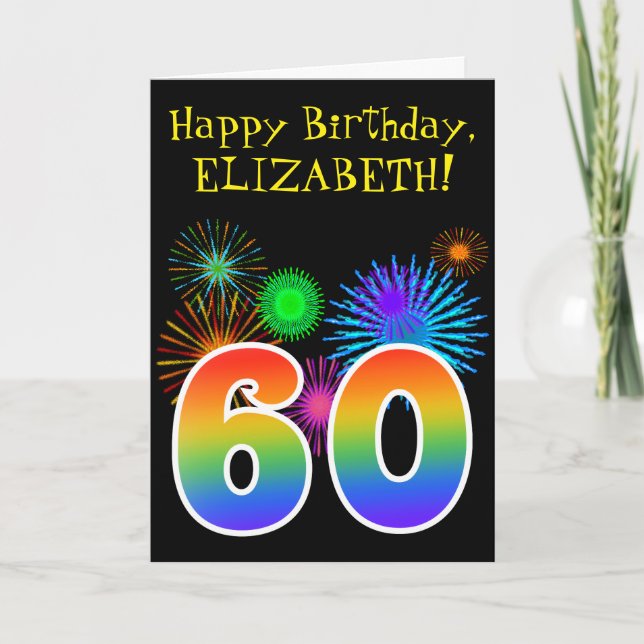 Carte Fun Fireworks + Rainbow Motif "60" Anniversaire # (Devant)