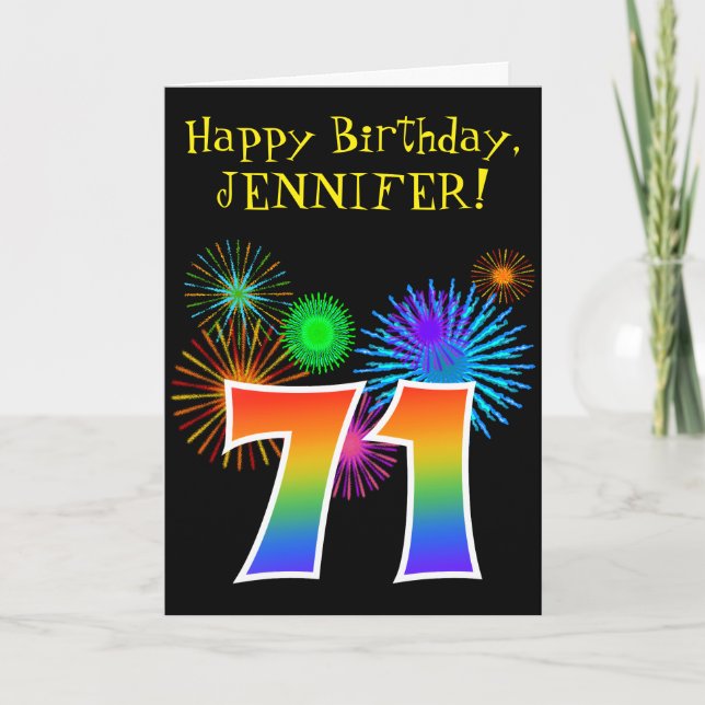 Carte Fun Fireworks + Rainbow Motif "71" Anniversaire # (Devant)