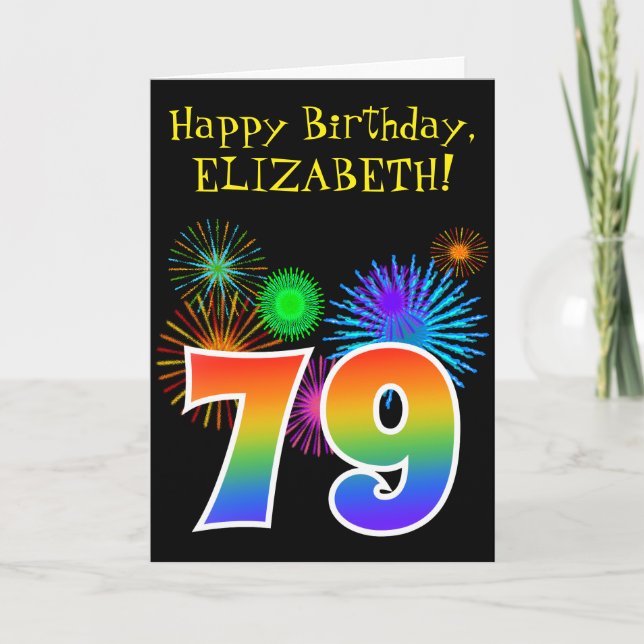 Carte Fun Fireworks + Rainbow Motif "79" Anniversaire # (Devant)