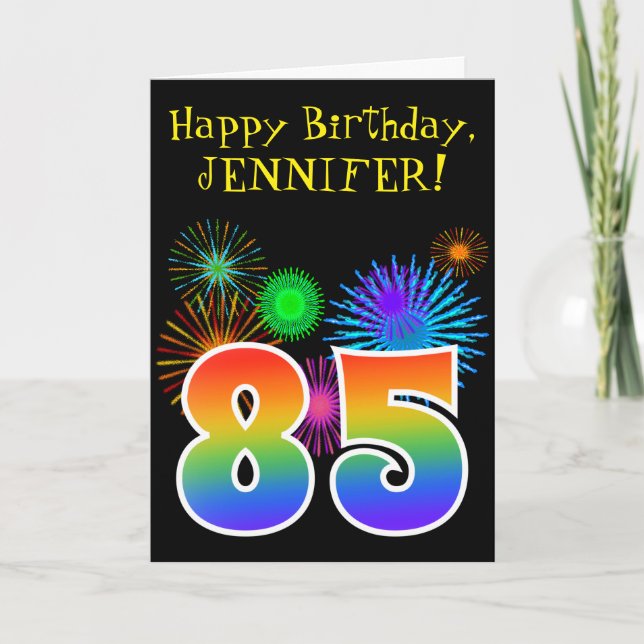 Carte Fun Fireworks + Rainbow Motif "85" Anniversaire # (Devant)