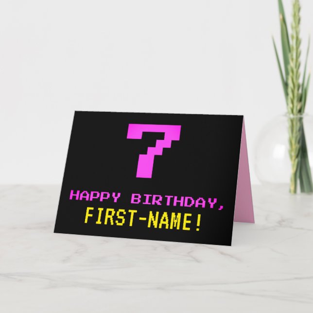 Carte Fun, Nerdy, Geeky, Pink, 8 bits Style 7e anniversa (Devant)