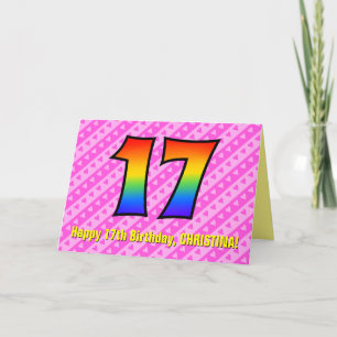 Carte Fun Pink Stripes, Hearts, Rainbow # 17th Birthday