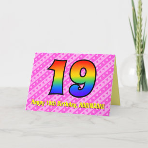 Carte Fun Pink Stripes, Hearts, Rainbow # 19th Birthday