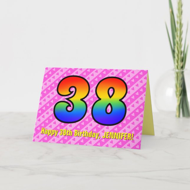 Carte Fun Pink Stripes, Hearts, Rainbow # 38th Birthday (Devant)