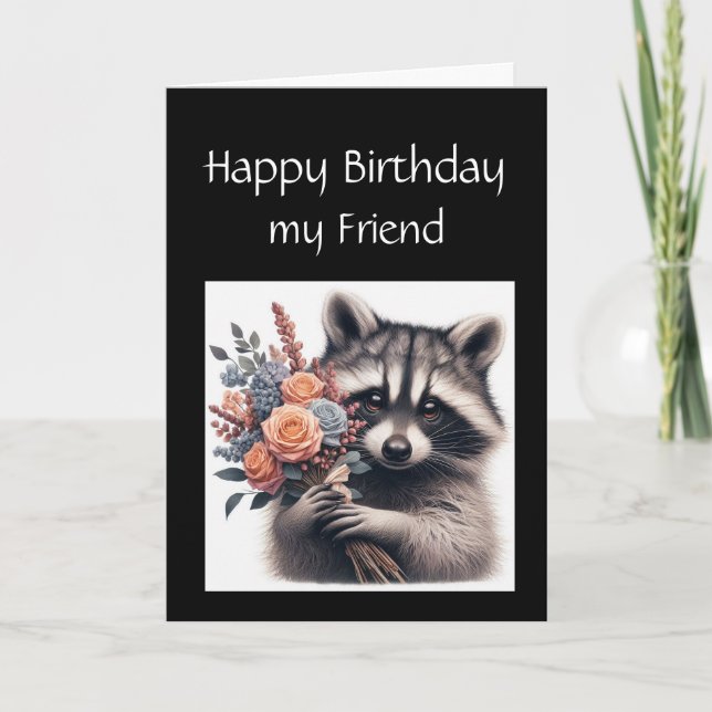 Carte Fun Raccoon Ami Fleurs d'anniversaire (Devant)