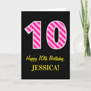 Carte Fun rose rayé "10"; Joyeux 10e anniversaire; Nom