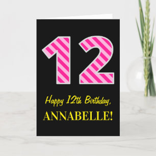 Carte Fun rose rayé "12"; Joyeux 12e anniversaire; Nom