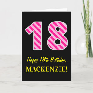 Carte Fun rose rayé "18"; Joyeux 18e anniversaire; Nom