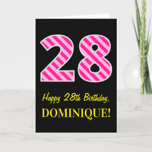 Carte Fun rose rayé "28"; Joyeux 28e anniversaire; Nom