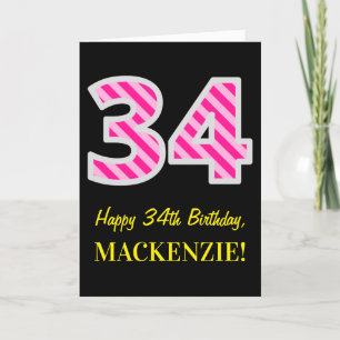 Carte Fun rose rayé "34"; Joyeux 34e anniversaire; Nom