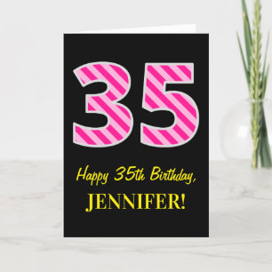 Carte Fun rose rayé "35"; Joyeux 35e anniversaire; Nom