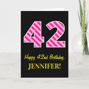 Carte Fun rose rayé "42"; Joyeux 42e anniversaire; Nom
