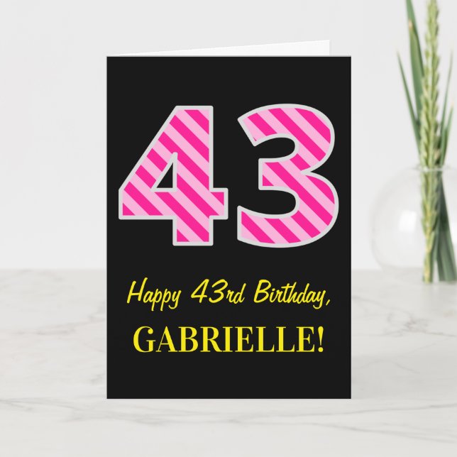Carte Fun rose rayé "43"; Joyeux 43e anniversaire; Nom (Devant)