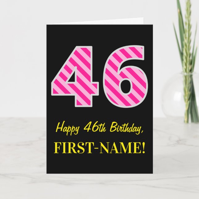 Carte Fun rose rayé "46"; Joyeux 46e anniversaire; Nom (Devant)