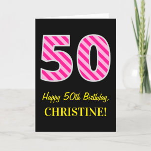 Carte Fun rose rayé "50"; Joyeux 50e anniversaire; Nom