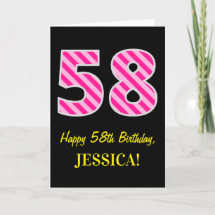 Carte Fun rose rayé "58"; Joyeux 58e anniversaire; Nom