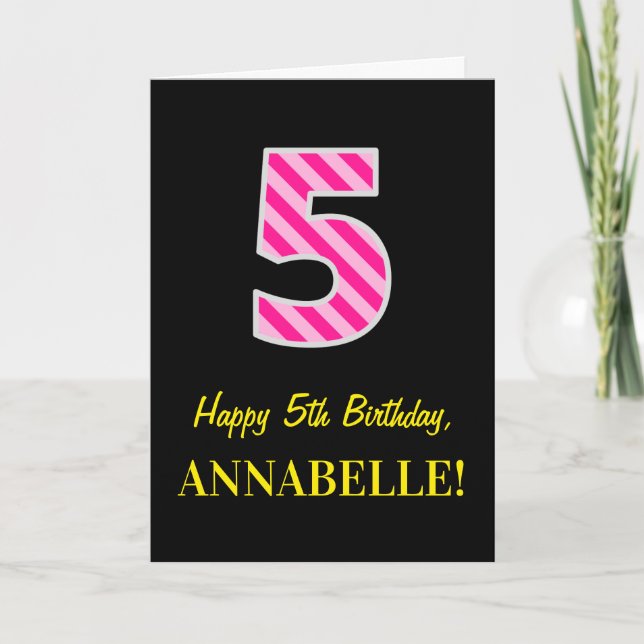 Carte Fun rose rayé "5"; Joyeux 5e anniversaire; Nom (Devant)