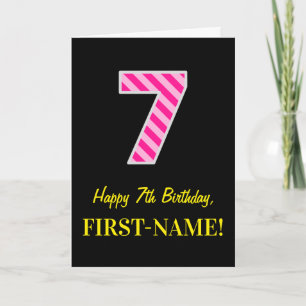 Carte Fun rose rayé "7"; Joyeux 7e anniversaire; Nom