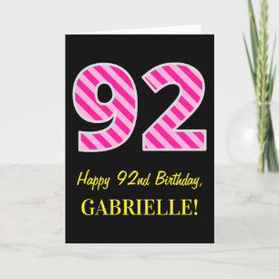 Carte Fun rose rayé "92"; Joyeux 92e anniversaire; Nom