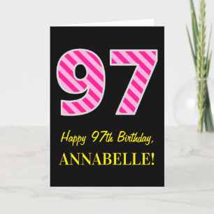 Carte Fun rose rayé "97"; Joyeux 97e anniversaire; Nom