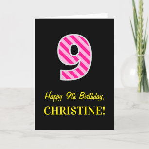 Carte Fun rose rayé "9"; Joyeux 9e anniversaire; Nom