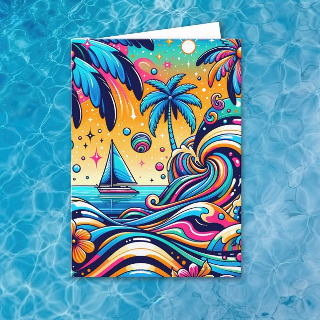Carte Fun Whimsic Psychedelic bateau à voile Anniversair (Créateur téléchargé)