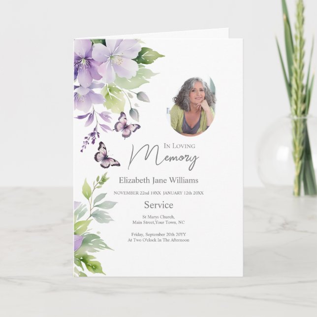 Carte Funérailles florales violettes Ordre du service 4  (Devant)