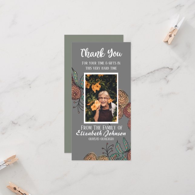 Carte funéraire Merci Vert vert Encre fleurie (Devant/Arrière en situation)