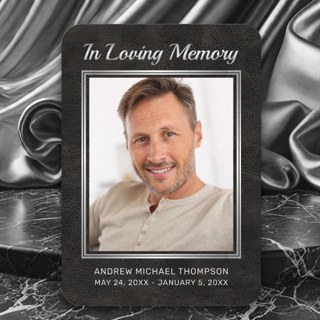 Carte funéraire photo en cuir noir (In Loving Memory Faux Black Leather with silver Photo Funeral Card with Poem)