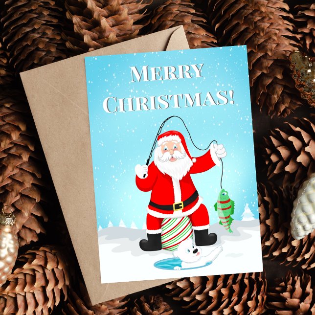 Carte Funky Père Noël Pêche Sur Glace Avec Ours Polaire (Calling all fisherman! this holiday card will leave you laughing. )