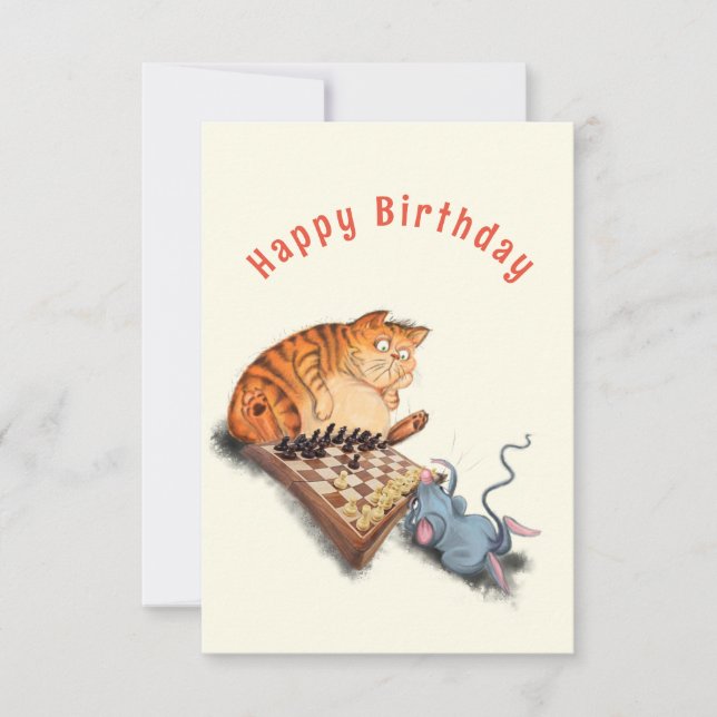 Carte Funny Birthday Card Chat et souris Jouer aux échec (Devant)