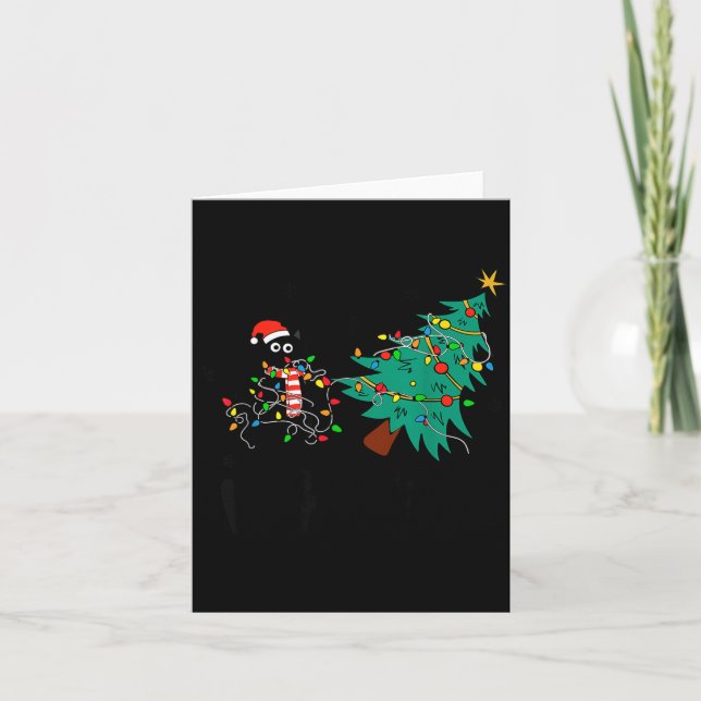 Carte Funny Black Cat Gift Pushing Christmas Tree Over C (Devant)