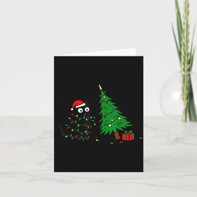 Carte Funny Black Cat Pushing 67 Christmas Tree Over Cat (Devant)