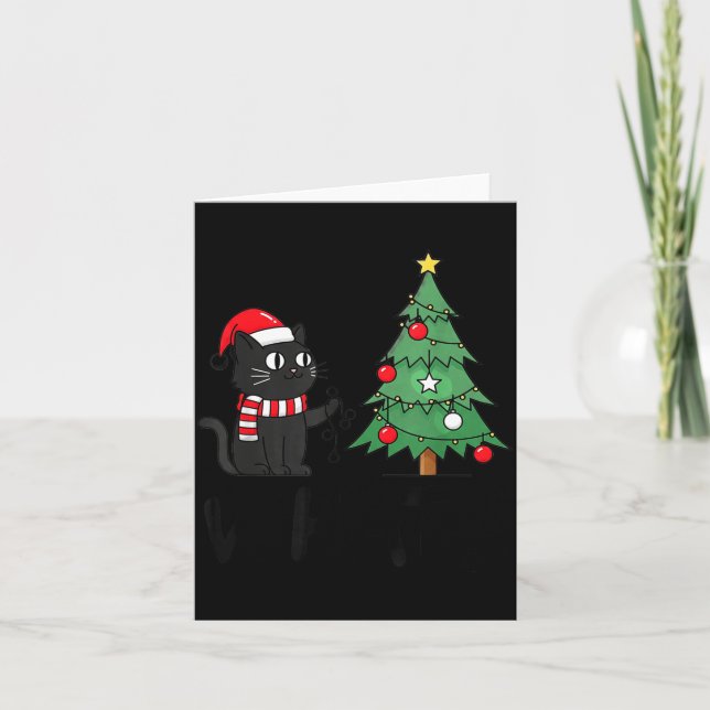 Carte Funny Black Cat Pushing Christmas Tree Over Cat Wh (Devant)